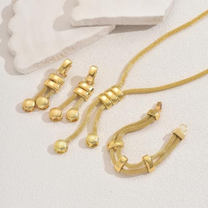 Gold Long Choker Necklace Set 18k Gold Plated Pendant Earrings Necklace Bracelet Set Simple Fashion Chain Jewelry Set For Women - style: 3 pieces