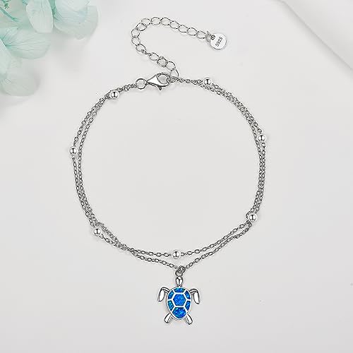 POPLYKE 925 Sterling Silver Double Layered Chain Evil Eye Daisy Sunflower Butterfly Anklets for Women Holiday Beach Crystal Ankle Bracelet Dainty Evil Eye Jewelry - style: Sea Turtle Anklet