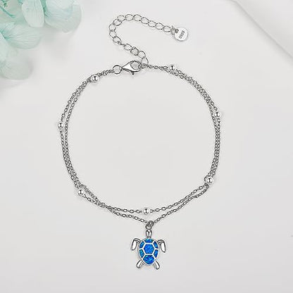 POPLYKE 925 Sterling Silver Double Layered Chain Evil Eye Daisy Sunflower Butterfly Anklets for Women Holiday Beach Crystal Ankle Bracelet Dainty Evil Eye Jewelry - style: Sea Turtle Anklet