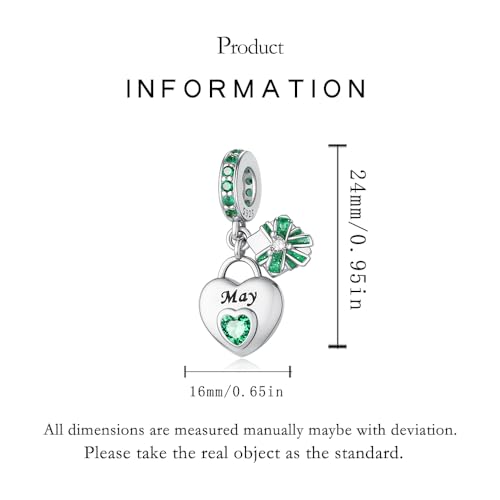 925 Sterling Silver Birthstone Bracelet Charm - Unique Heart Shaped Design, Fits most Europe Pandora Bracelets and Necklaces, women's DIY holiday Gifts - style: E-May