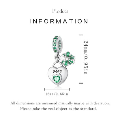 925 Sterling Silver Birthstone Bracelet Charm - Unique Heart Shaped Design, Fits most Europe Pandora Bracelets and Necklaces, women's DIY holiday Gifts - style: E-May