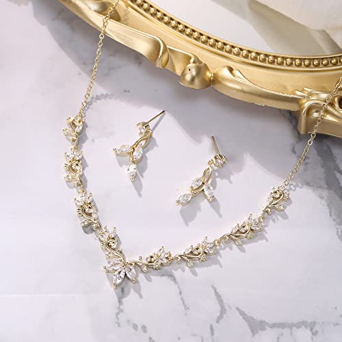 Wedding Jewelry Set for Women CZ Teardrop Flower Leaf Filigree Necklace Earrings Party Prom Accessories - color: Gold-tone
