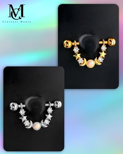 CM Crareesi Mania Opal Nipple Rings 316L Stainless Steel Nipple Shield Ring for Women 14G Moon Phase Nipple Piercing Jewelry - color: Gold-Star and Moon