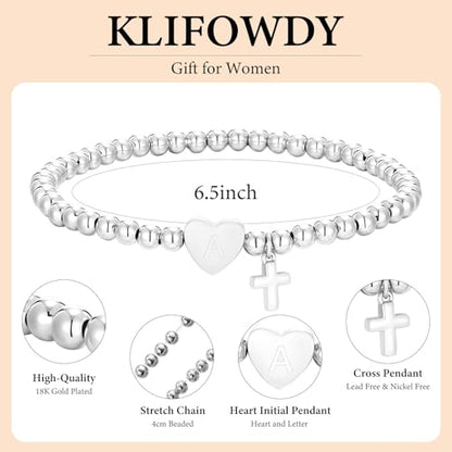 Initial Cross Gold Bracelets for Women Christian Beads Jewelry for Girls | 14K Gold Plated Letter Bracelet, Stretch Elastic Baptism Religion Christian Gifts for Women Teen - color: Silver-A