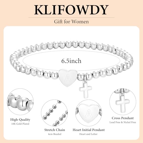 Initial Cross Gold Bracelets for Women Christian Beads Jewelry for Girls | 14K Gold Plated Letter Bracelet, Stretch Elastic Baptism Religion Christian Gifts for Women Teen - color: Silver-X
