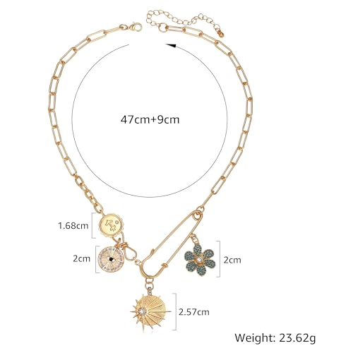 Charm Necklace for Women Gold Evil Eye Sun Moon Flower Coin Pendant Necklace Dainty Paperclip Chain Vintage Luck Amulet Choker Necklaces Celestial Jewelry Gift - style: Blue Flower, Sun
