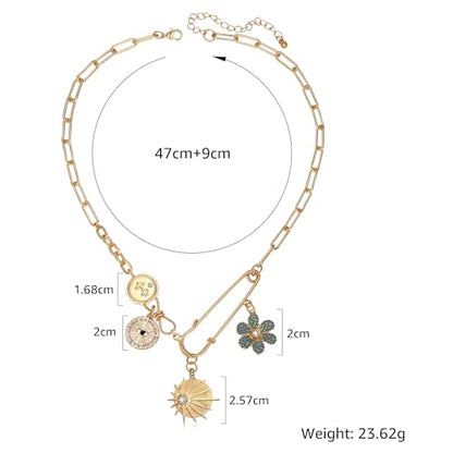 Charm Necklace for Women Gold Evil Eye Sun Moon Flower Coin Pendant Necklace Dainty Paperclip Chain Vintage Luck Amulet Choker Necklaces Celestial Jewelry Gift - style: Blue Flower, Sun
