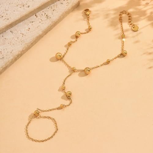 Dainty 18K Gold Plated Tiny Bracelets with Finger Ring for Women | Waterproof Hypoallergenic Adjustable Hand Harness Chain Jewelry - color: Multi Bead -GD