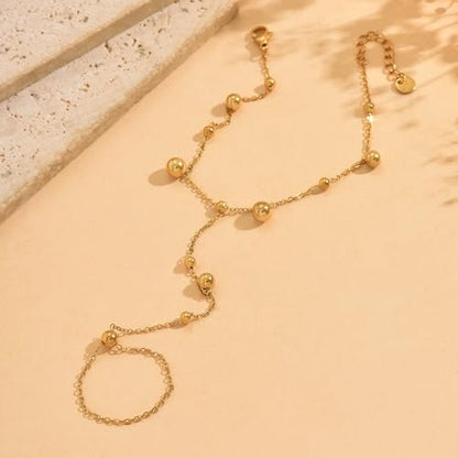 Dainty 18K Gold Plated Tiny Bracelets with Finger Ring for Women | Waterproof Hypoallergenic Adjustable Hand Harness Chain Jewelry - color: Multi Bead -GD