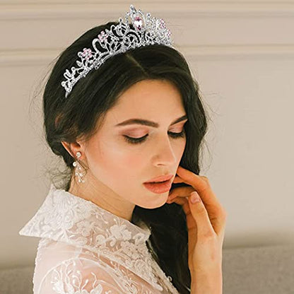COCIDE Silver Tiara Crowns Crystal Headband Princess Rhinestone Crown with Combs Bride Headbands Bridal Wedding Prom Birthday Party Pink Hair Accessories Jewelry for Women and Girls - color: TF Silver+Clear&Pink
