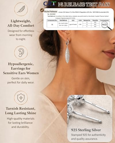 14K Gold Plated/Sterling Silver CZ Pearl Drop Dangle Earrings for Women - color: Silver-Leaf CZ