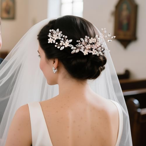 Wedding Hair Accessories Crystal bridal hair pins Rhinestone Pearl hair comb Brides and Bridesmaids, Girls, Women(Rose Golden) - color: Rose Golden