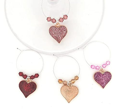 Pixie Heart Wine Glass Charms, 4 Piece Set – Heart-Shaped Stemware Drink Markers, Wedding Party Favors & Wine Lover Gift