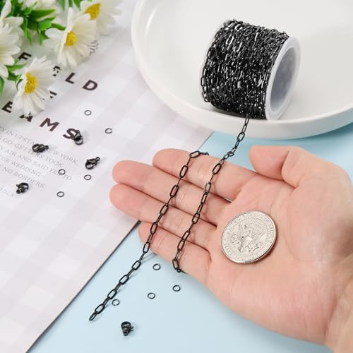 5 Meters Stainless Steel Chain for Jewelry Making Small Paperclip Links | Black Paper Clip Chains Bulk on Roll with Jewelry Connectors for Necklace Bracelet Crafts DIY - color: black paperclip