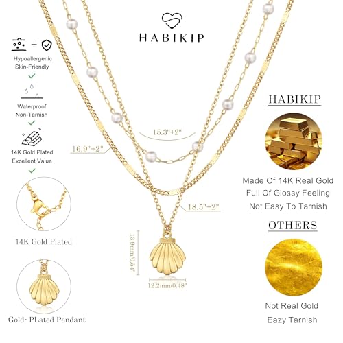 Shell Starfish Charm for Women, Dainty Layered 14K Gold Plated Seashell Conch Starfish Pearl Pendant Necklace for Women Stack Trendy Beach Cuban Link CZ Chain Necklace Summer Vacation Jewelry - color: 3PCS / Shell & Link & Pearl Chain