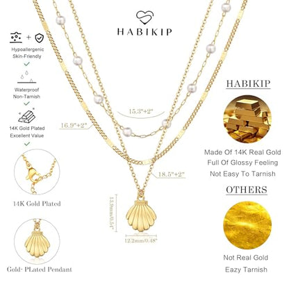 Shell Starfish Charm for Women, Dainty Layered 14K Gold Plated Seashell Conch Starfish Pearl Pendant Necklace for Women Stack Trendy Beach Cuban Link CZ Chain Necklace Summer Vacation Jewelry - color: 3PCS / Shell & Link & Pearl Chain