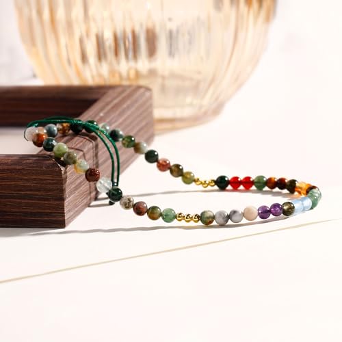 Colorful 7 Chakra Gemstones Beaded Anklet for Women Foot Jewelry | Adjustable 8.5-10 in, Ankle Bracelets for Women, Handmade, Positive Energy, Balance, Yoga, Meditation, Beach, Party, Vacation - style: Indian Agate