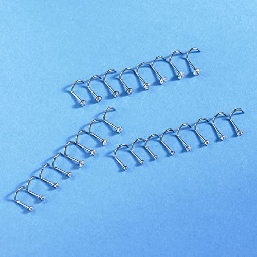 8PCS G23 Titanium Twist Screw Nose Studs 18G 20G Nose Rings 2mm 2.5mm 3mm Clear Pink Purple Aurora CZ Gold Nose Piercing Studs Nostril for Women Men - style: 20g silver clear cz 3mm