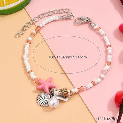 Beach Puka Shell Anklet for Women Waterproof Beaded Ankle Bracelets Adjustable Starfish Seashell Pearl Foot Chain Boho Jewerly Present for Summer Beach Party - color: fense