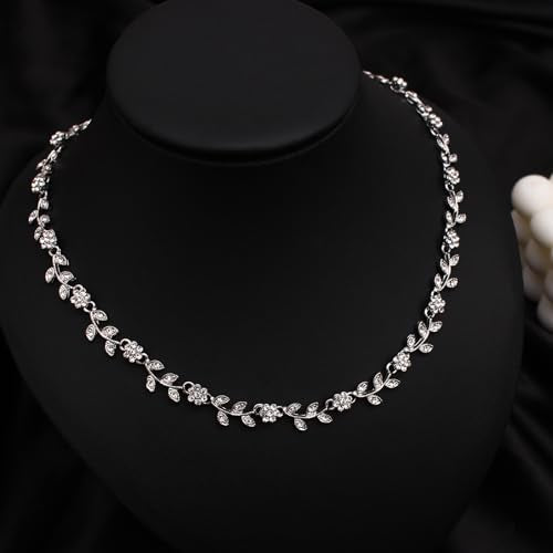 Austrian Crystal Rhinestone Choker Necklace Elegant Flower Leaf Chain Necklace Jewelry for Party Prom Costume Accessories for Women - color: White-Platinum Plated