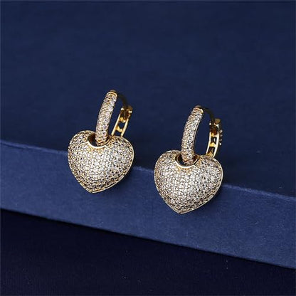 Crystal Heart Hoop Earrings for Women Dainty Fashion Heart Huggie Earrings Colourful Sparkly Crystal 14k Gold Love Heart Dangle Drop Earrings Valentine’s Day Statement Jewelry Gifts - color: White