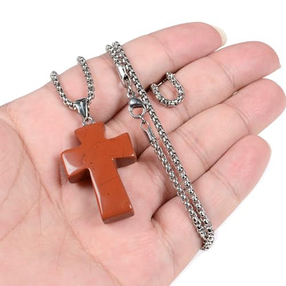Justinstones 32mm Gemstone Carved Cross Reiki Chakra Pendant With Stainless Steel Necklace 22 Inch - color: Red Jasper