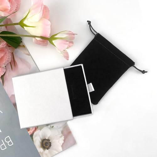 Small Jewelry Gift Box and Velvet Bag, Necklace Bracelet Earring Cardboard Organizer Square Jewellery Gift Box Pendent Storage Case for Birthday Xmas Christmas Wrapping (White) - color: White