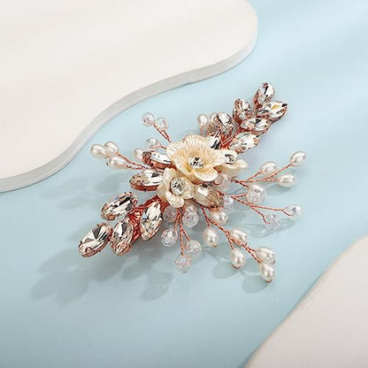 Xerling Rose Gold Rhinestones Crystal Flower Hair Barrettes Clip Boho Bridal Pearl Hair Jewelry Accessories for Women Wedding Floral Headpieces (Rose Gold) - color: Rose Gold