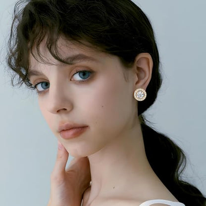Clip On Earrings for Women Halo Clip-on Non-pierced Earrings Gold Plated Small CZ Studs Dainty Jewelry - color: Round