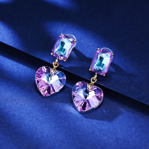 Crystal Heart Teardrop Dangle Earrings for Women Hypoallergenic Multicolor Cubic Zirconia Drop Earrings for Wedding Prom Party Daily Wear - color: Heartpurple