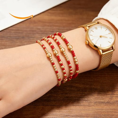 LOTSOF Bohemia Multilayer Beaded Bracelet Set, Turquoise Resin Colorful Surfer Heishi Style Elastic Spring Clasp Friendship Elastic Wristbands Summer Beach Boho Vacation Jewelry - color: Red