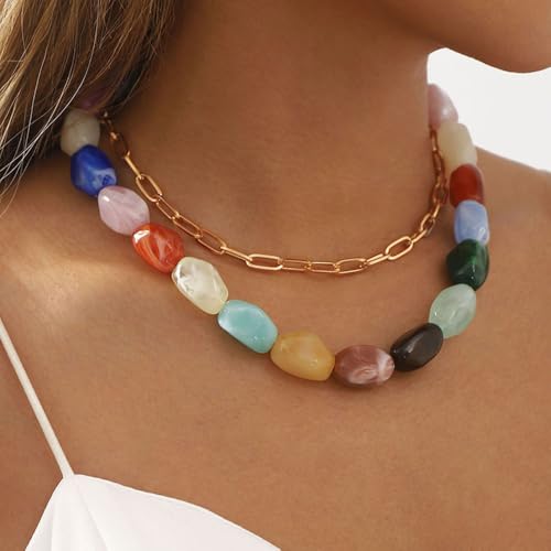Summer Dopamine Colorful Beaded Necklace for Women, Boho Multicolor Irregular Large Resin Beads Necklace Chunky Layered Gold Chain Statement Choker Y2K Jewelry
