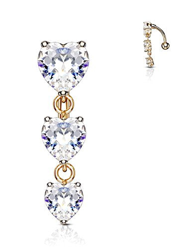 Forbidden Body Jewelry Surgical Steel Sexy Dangle Reverse Mount Triple CZ Vertical Drop Belly Button Ring - color: Rose Gold, Heart CZ's
