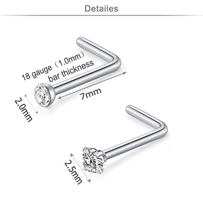 18 Nose Rings Studs Surgical Stainless Steel Hypoallergenic L Shaped Nose Piercing Jewelry for Women Men Silver Black Nostril Hoop Rings 18 Gauge - style: C1-silver & black