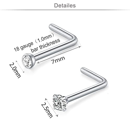18 Nose Rings Studs Surgical Stainless Steel Hypoallergenic L Shaped Nose Piercing Jewelry for Women Men Silver Black Nostril Hoop Rings 18 Gauge - style: C2-silver