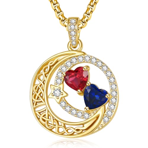 14K Gold Moon and Star Double Birthstone Necklace Gifts for Women | 2 Heart Birthstone Necklace,Mothers Day Wedding Anniversary Birthday Gifts for Wife Mom Daughter Grandma Sister - color: 07-09-Jul-Sept Birthstone