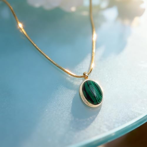 Sonateomber Gold Stone Pendant Necklace for Women, Chunky Statement Dainty Heart Oval Natural Gemstone Dangle Necklaces Wedding Prom Accessories Fashion Jewelry Gift - color: Green Malachite
