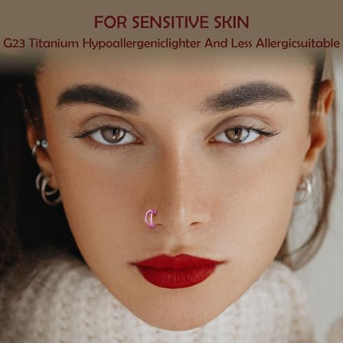Titanium Septum Rings, Nose Rings Hoops for Women, Segment Nose Rings 16G 8mm/10mm Hypoallergenic Cartilage Conch Helix Rook Hoop Earrings - color: Double Stacked-Pink, size: 16 Gauge 8mm