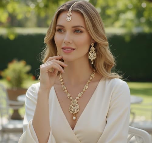 Touchstone Indian jewelry sets for women maang tikka wedding guest gold necklace bollywood jewellery set pageant elegant prom bride accessories western crystal chunky rhinestone necklaces - color: 4 White in gold plating pearl drop