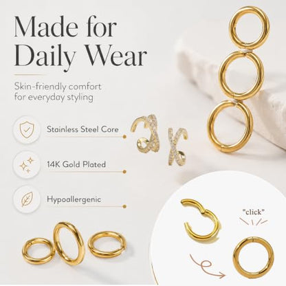 14G Huggie Hoop Earrings 6/8/10mm cross-band ear cuffs non piercing | Small 14K Plated gold Hoop Earrings for Women Hypoallergenic layered piercings Jewelry Set for Cartilage Helix Tragus Lobe