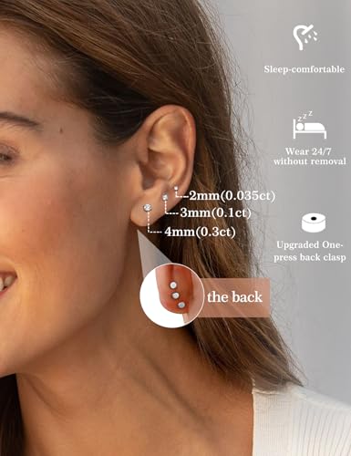 3 Pairs Moissanite Flatback Stud Earrings for Women, 925 Sterling Silver Hypoallergenic Flat Back Cartilage Earrings Set, 18K White Gold Plated - color: 18K White Gold, size: 2,3,4mm