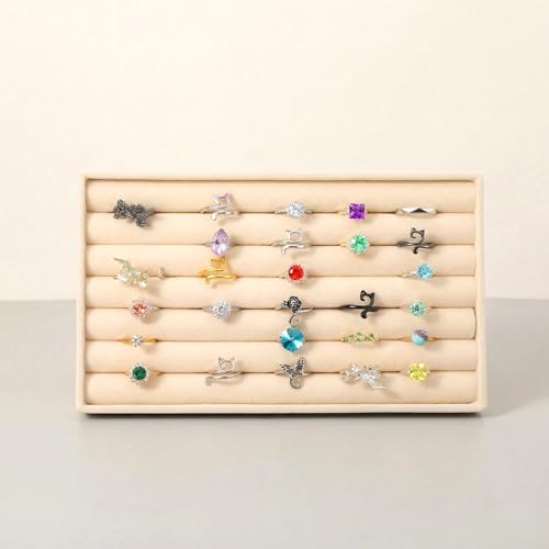 Velvet Ring Box, Earring Holder Organizer Display Tray, Jewelry Rings Earring Tray Display Holder Organizer for Vendors 8.35 x 5.91 x 0.91 Inches Rings Storage Box (7 Slots, Beige)