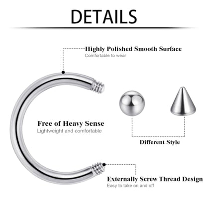 intera 16G Surgical Steel Septum Rings Lip Rings Horseshoe Hoop - Nose, Eyebrow Tragus Daith Helix Piercing Jewelry for Women Men, 6-12mm - size: 16G(1.2mm) 6mm(1/4)