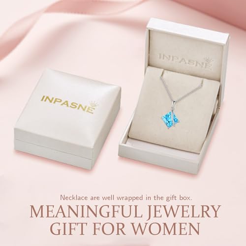 Square Princess Cut Necklace 925 Sterling Silver Solitaire Pendant Necklace Birthstone Jewelry Gifts for Women - color: 03 March - Aquamarine