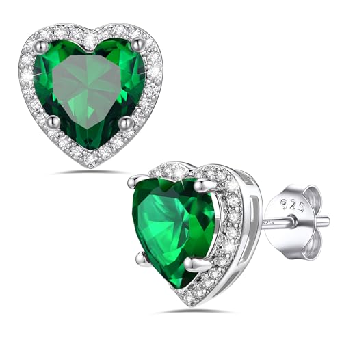 Bestyle Authentic 925 Sterling Silver 2 Carat Birthstone Earrings for Women, More Sparkle Heart/Round Solitaire Diamond Studs Earrings, Great Birthday/Christmas/Anniversary Jewelry for Wife Mother - color: 05. May Emerald-Heart