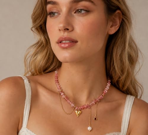 Pink Natural Stone Heart Pendant Necklace for Women, 18K Gold Stainless Steel Beaded Choker Necklace, Romantic Layered Jewelry