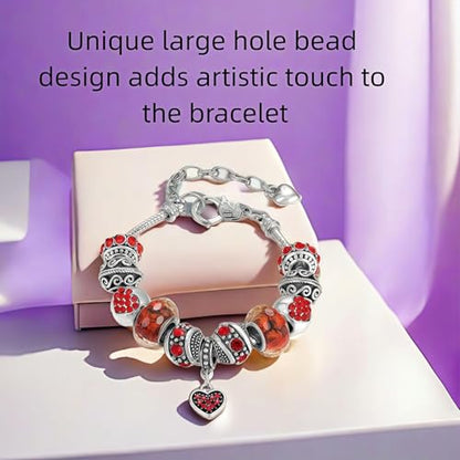 Pink Hearts Silver Plated Charm Bracelet, DIY Jewelry for Women with Beads, Charms, and Adjustable Snake Chain, Fits 7.5"+1.5" - color: Red, size: 18cm
