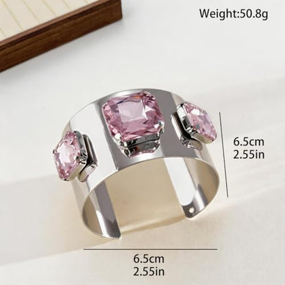 Punk Square Crystal Open Bracelet for Women Fashion Wide Cuff Bangle Bracelets Shiny Rhinestone Rectangle Charm Bangle Geometric Statement Jewelry Gifts - color: Pink