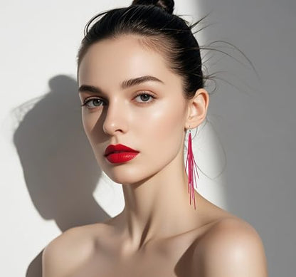 Leather Tassel Earrings Bohemian Tassel Fringe Dangle Earrings Boho Handmade Leather Feather Long Tassel Earrings Western Jewelry for Women - color: Hot Pink