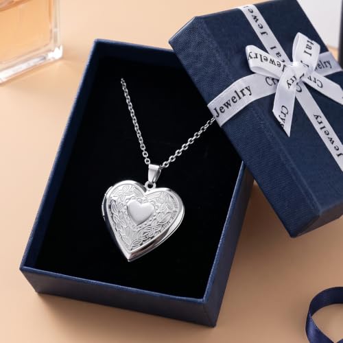 PHOCKSIN Personalized Locket Necklace for Women Photo Necklace with Customized Picture Birth Flower Birthstone Customizable Birthday Gifts - color: #07-Heart Silver Flower